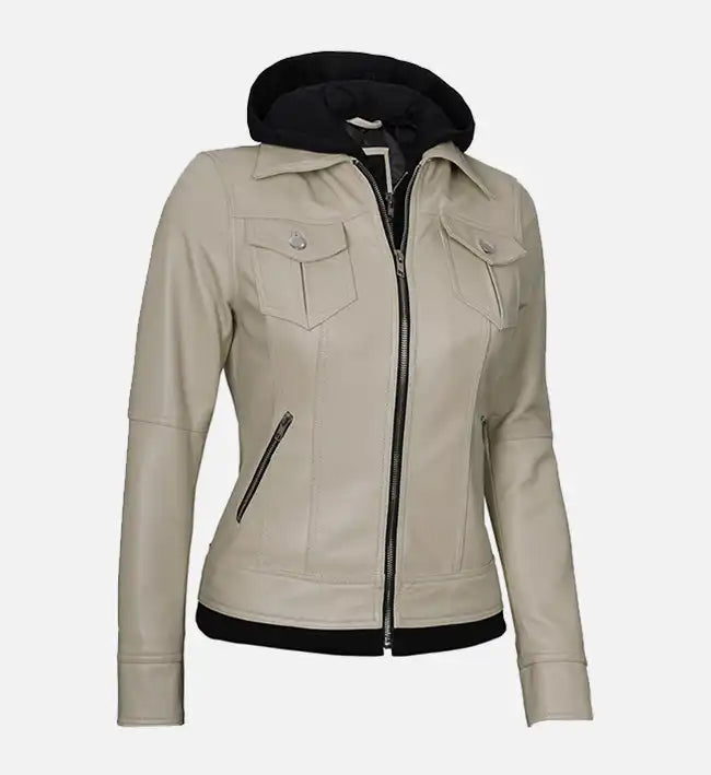 Women’s Beige Leather Jacket With Hood