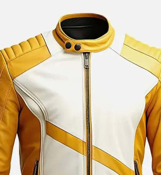 Men’s Yellow White Quilted Cafe Racer Leather Jacket