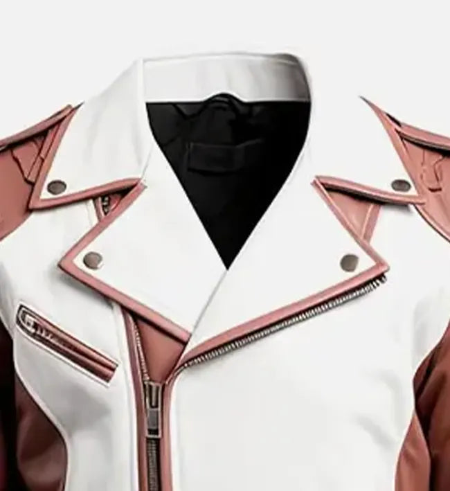 Men's Rosy Brown and White Biker Leather Jacket