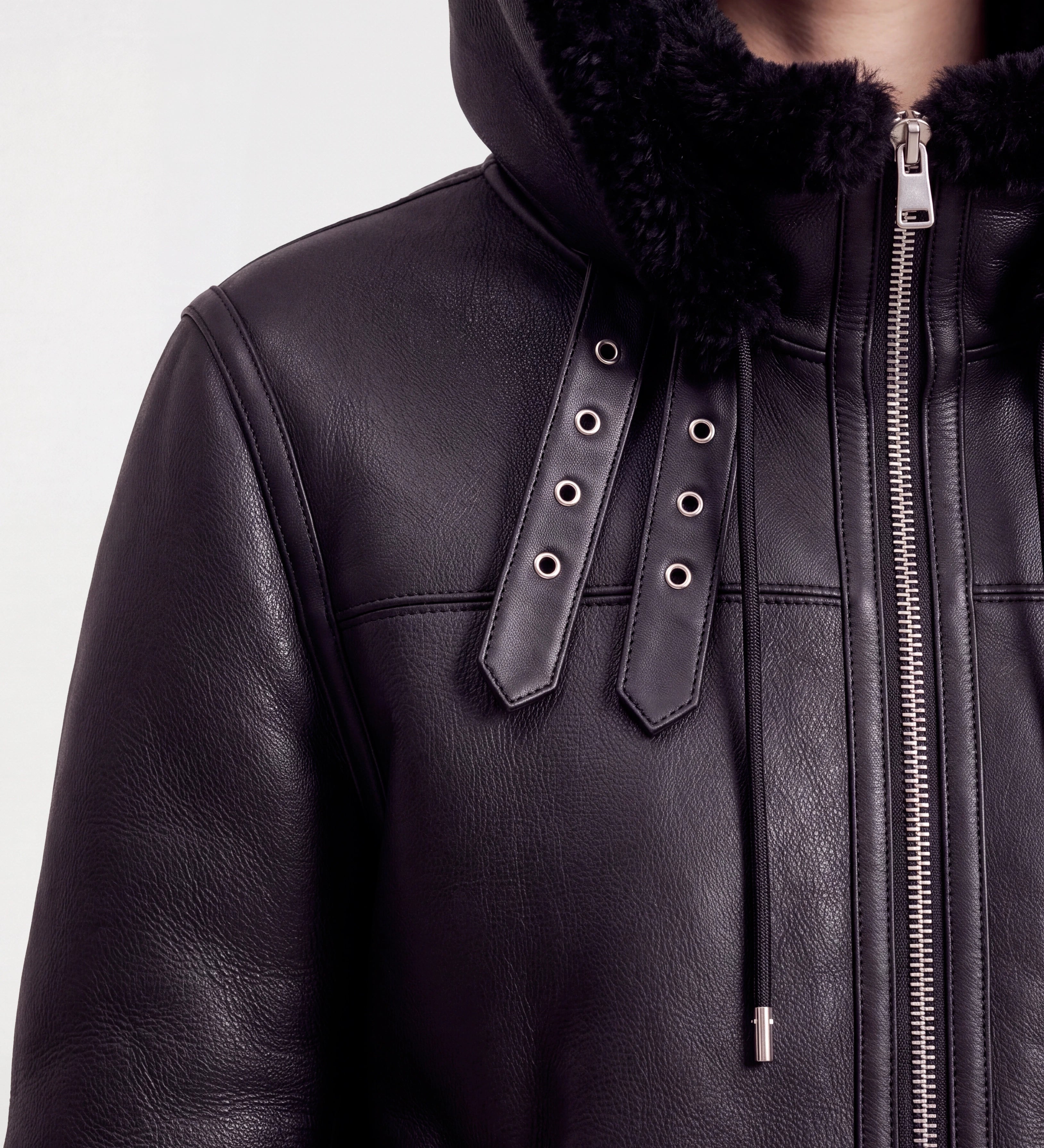 Women Black Leather Hooded Shearling Jacket
