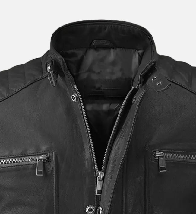 Men’s Quilted Shoulder Black Cafe Racer Leather Jacket