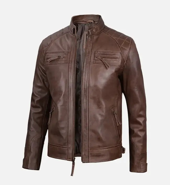 Men’s Quilted Shoulder Brown Cafe Racer Leather Jacket