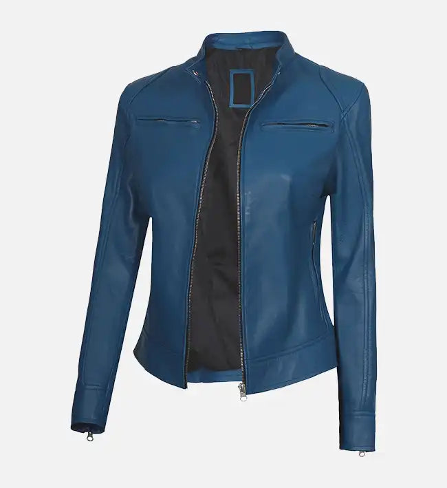 Women’s Blue Cafe Racer Leather Jacket