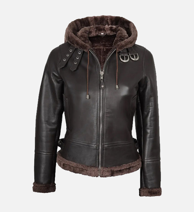 Women's Dark Brown Leather Hooded Shearling Jacket