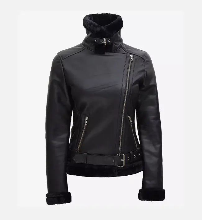 Women's Black Leather Shearling Moto Jacket