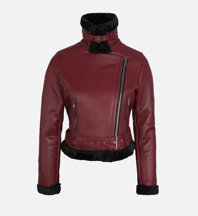 Women's Maroon and Black Biker Shearling Leather Jacket