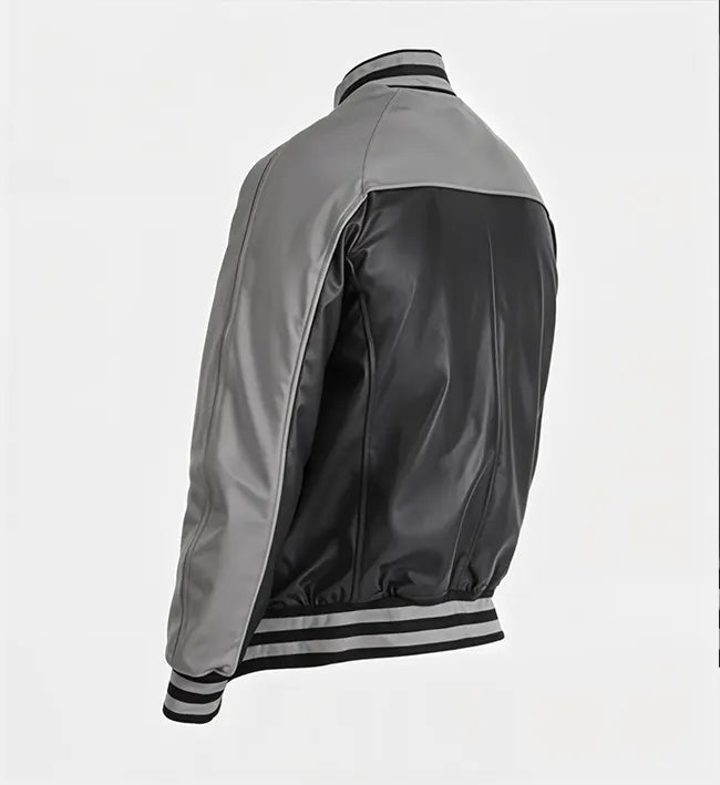 Men’s Grey Black Leather Varsity Jacket