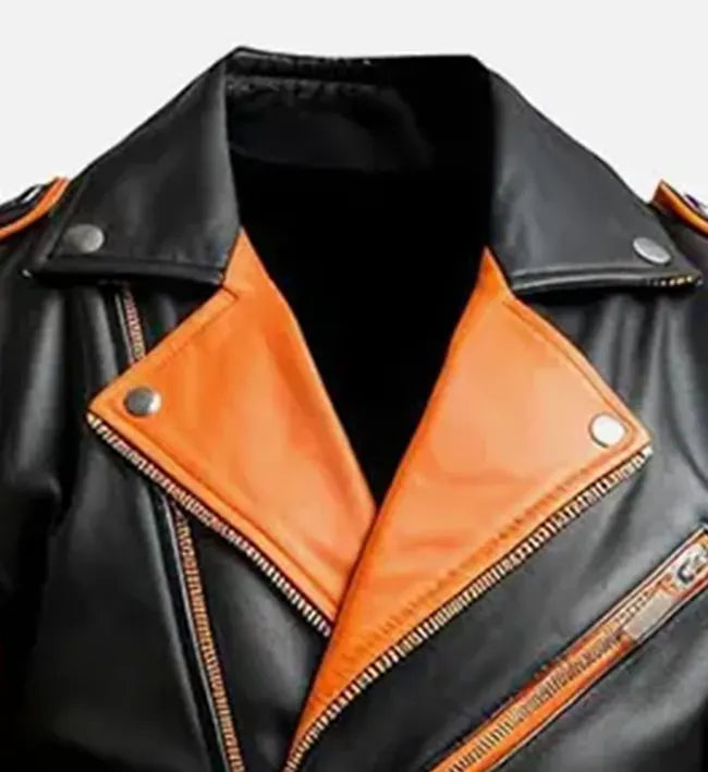 Men’s Stylish Orange Black Biker Leather Jacket