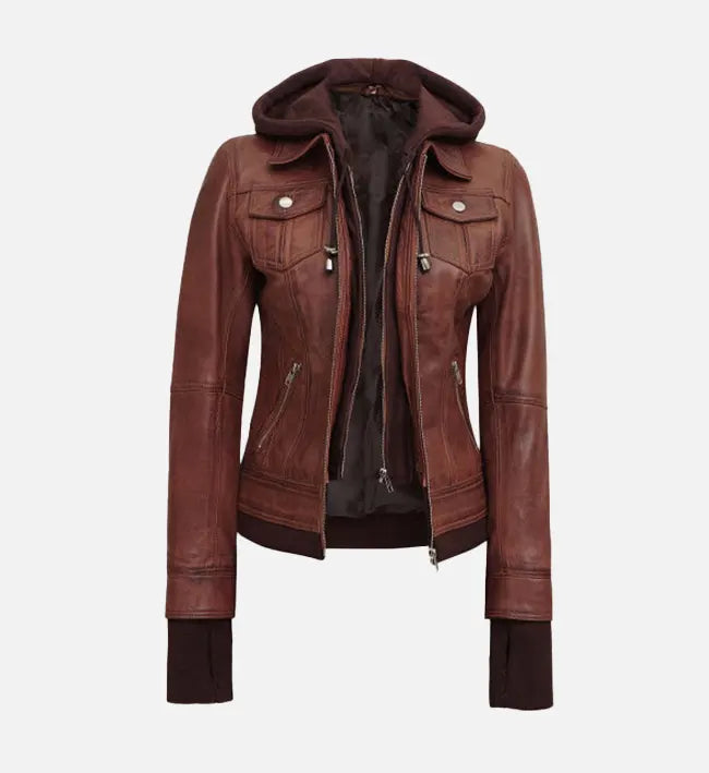 Women's Dark Brown Leather Jacket With Removable Hood