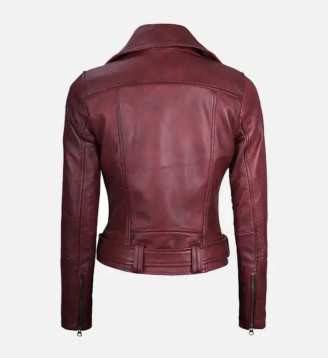 Women's Maroon Leather Asymmetrical Motorcycle Jacket