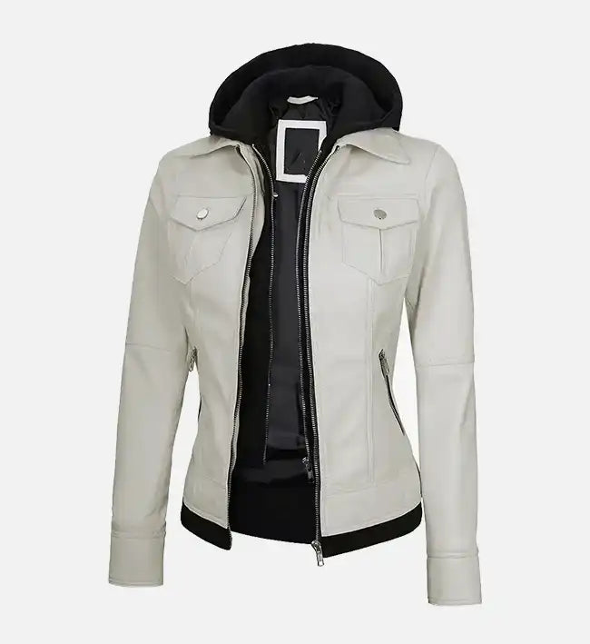 Women's Off White Leather Jacket With Hood