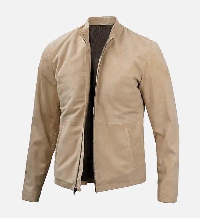 Men's Beige Cafe Racer Suede Leather Jacket