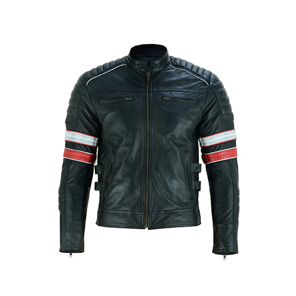 Men’s Red and White Striped Cafe Racer Leather Jacket