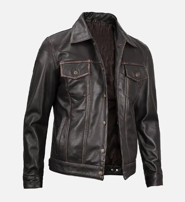 Men's Dark Brown Leather Trucker Jacket