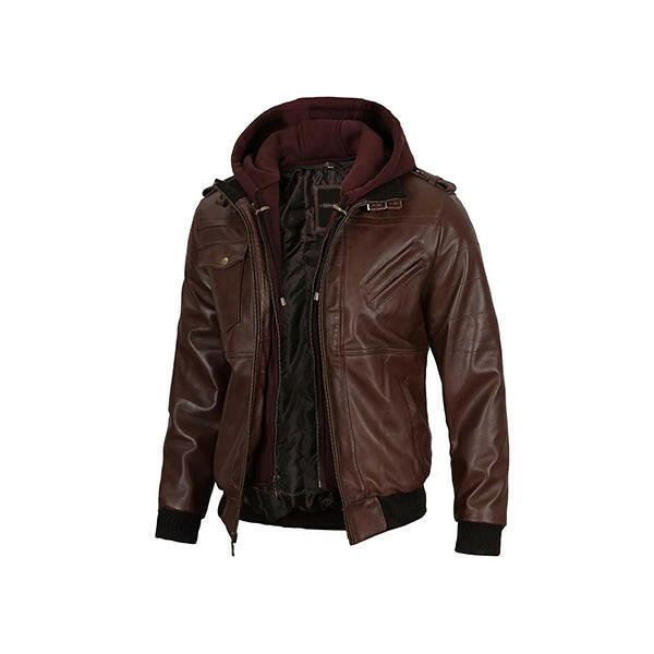 Men's Dark Brown Leather Bomber Jacket With Hood