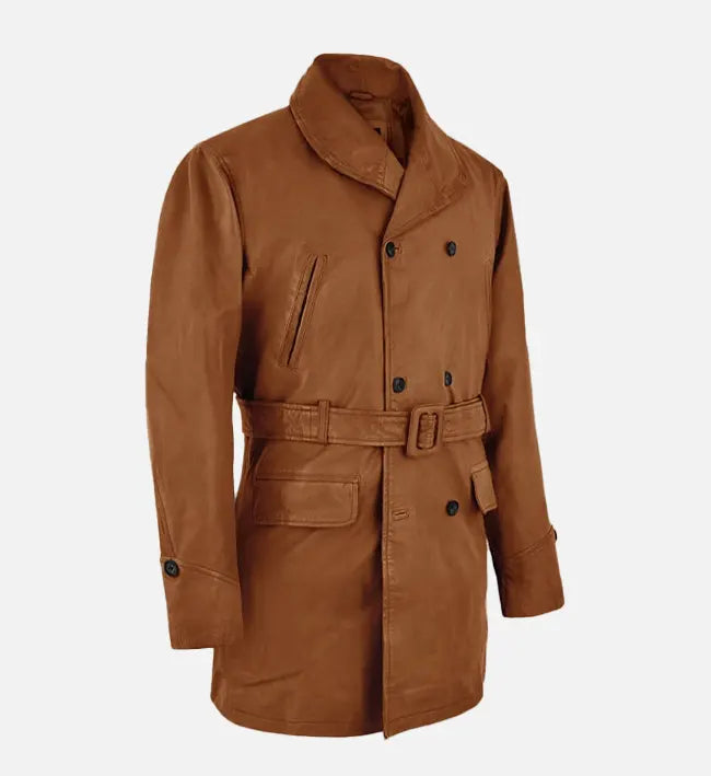 Men's Brown Leather Trench Coat