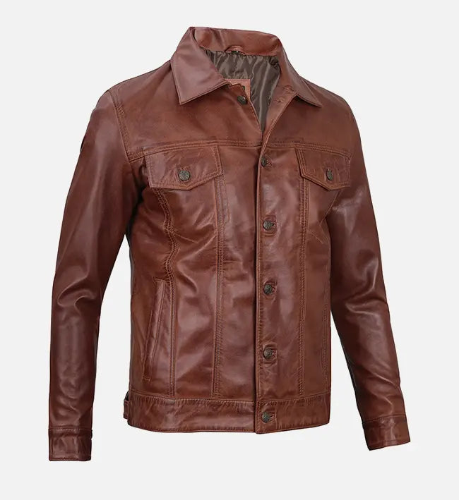 Men's Harrington Brown Leather Trucker Jacket