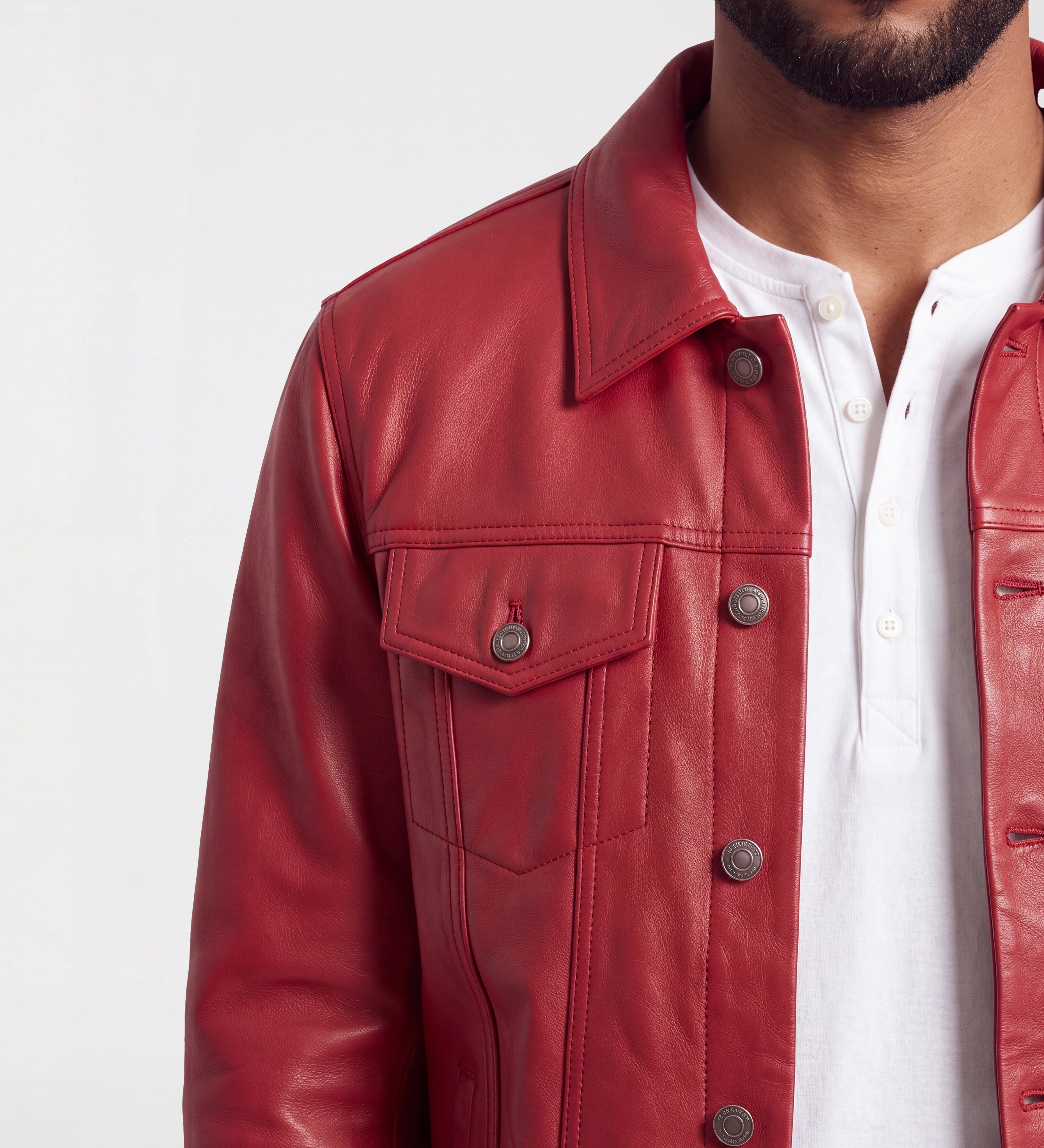 Mens Red Trucker Leather Jacket