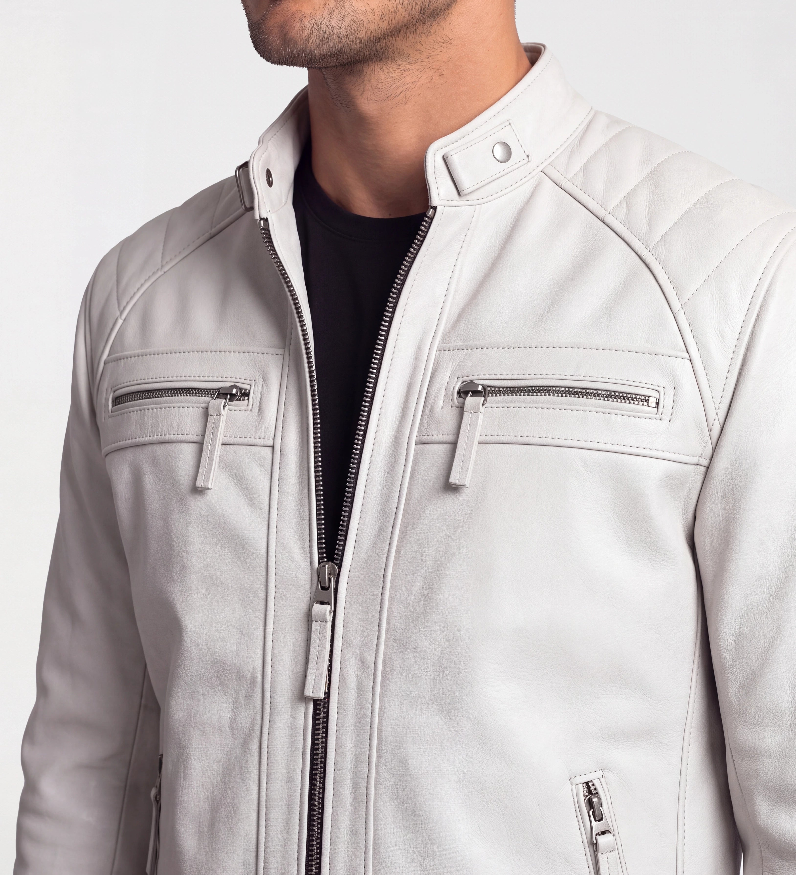 Mens Classic White Leather Cafe Racer Jacket