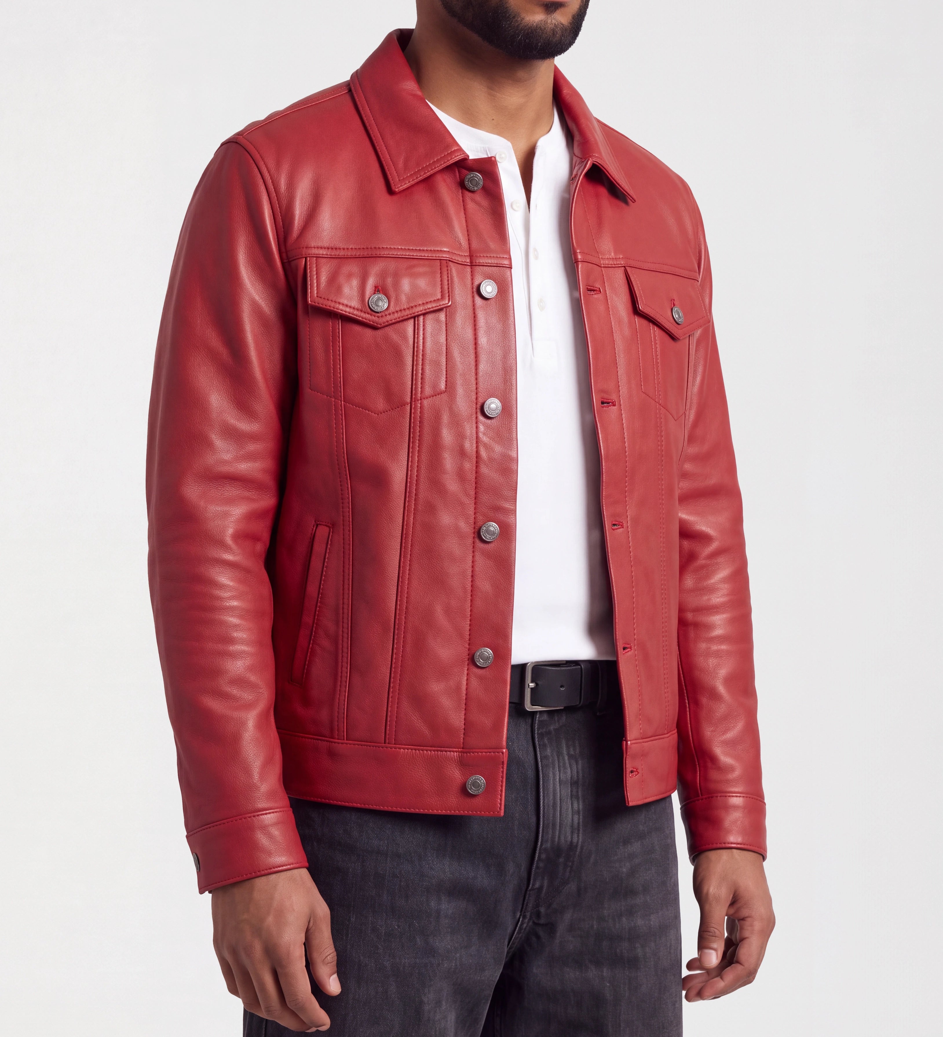 Mens Red Trucker Leather Jacket