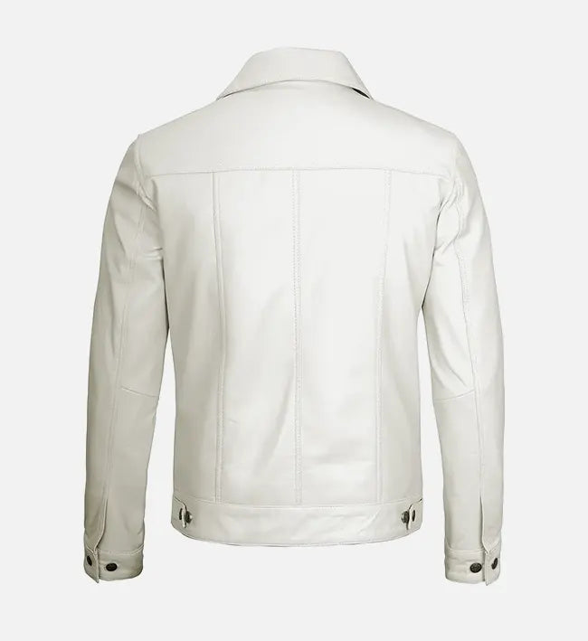 Men's Off White Real Leather Trucker Jacket