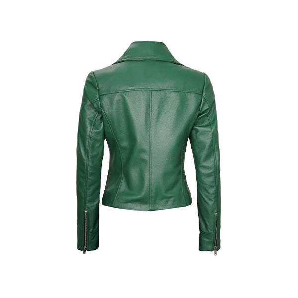 Women's Moto Style Green Leather Jacket