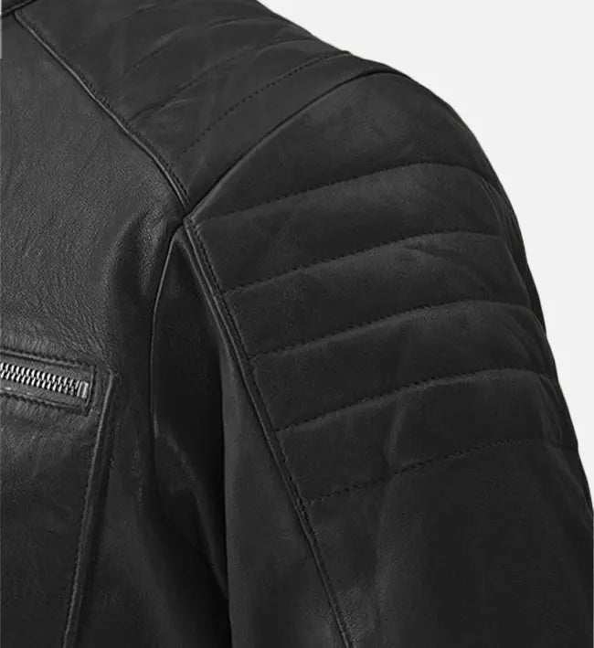 Men’s Quilted Shoulder Black Cafe Racer Leather Jacket