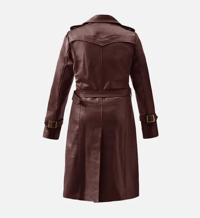 Women's Maroon Wax Leather Trench Coat