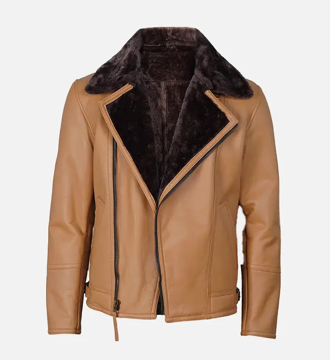 Men's Camel Brown Shearling Leather Moto Jacket