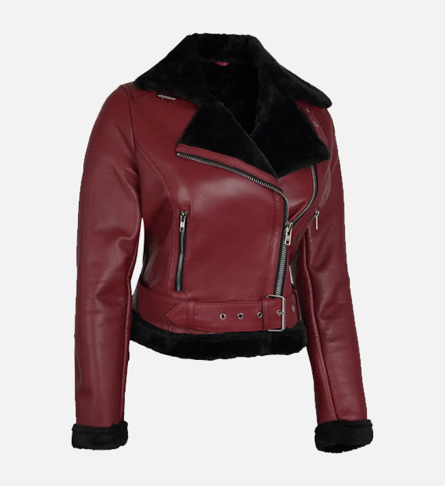 Women's Maroon and Black Biker Shearling Leather Jacket