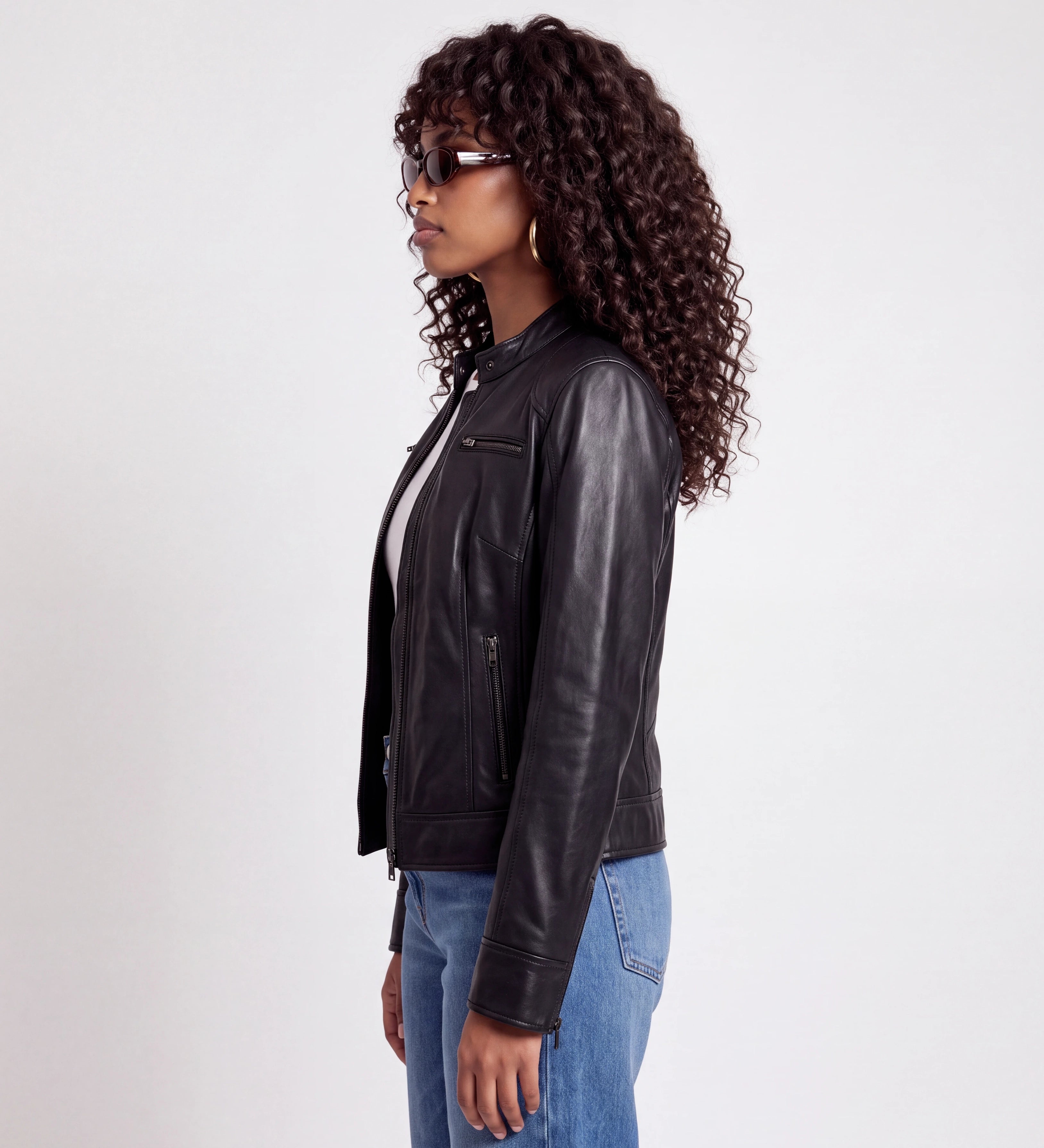 Women Black Cafe Racer Real Leather Jacket