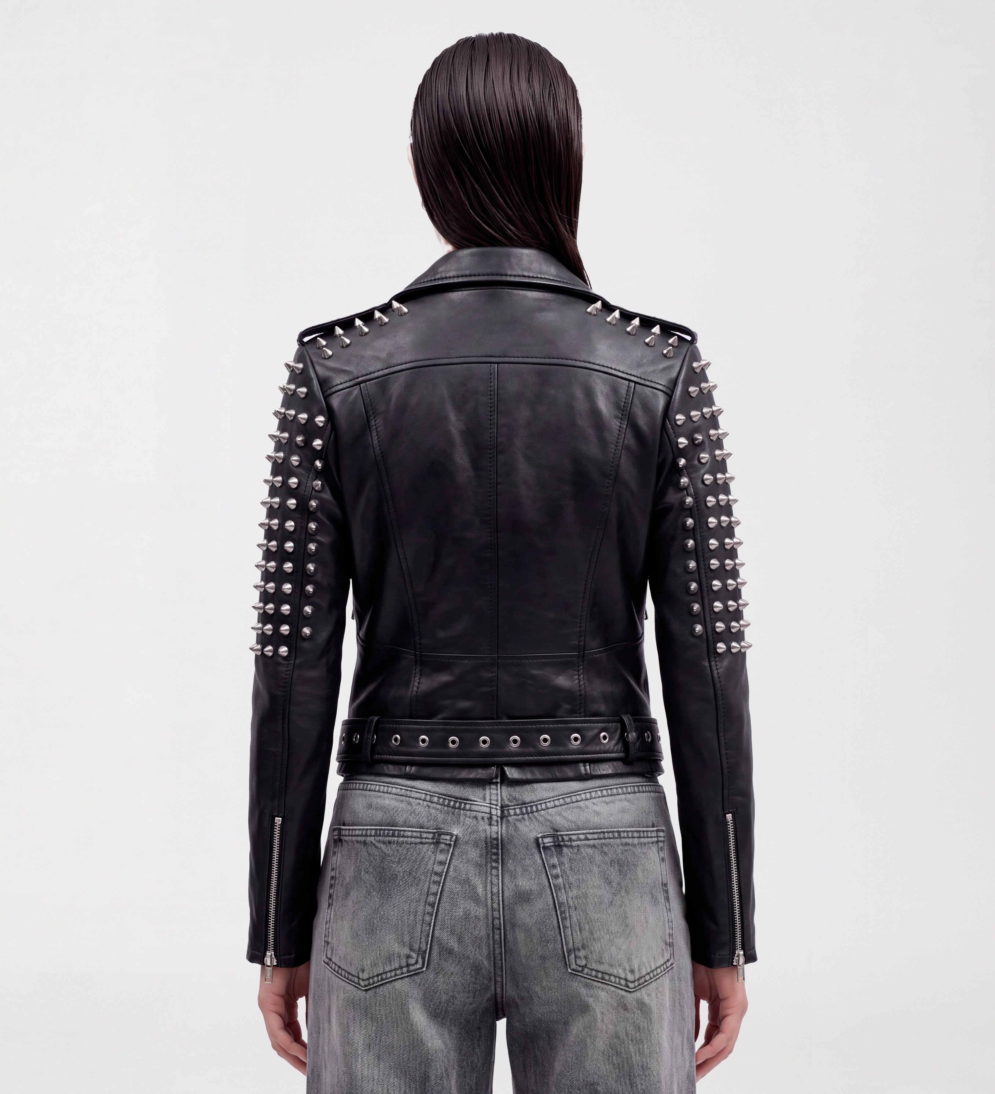 Women Stud Biker Black Leather Jacket