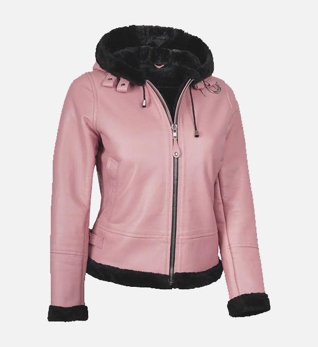 Women's Pink Leather Hooded Shearling Jacket