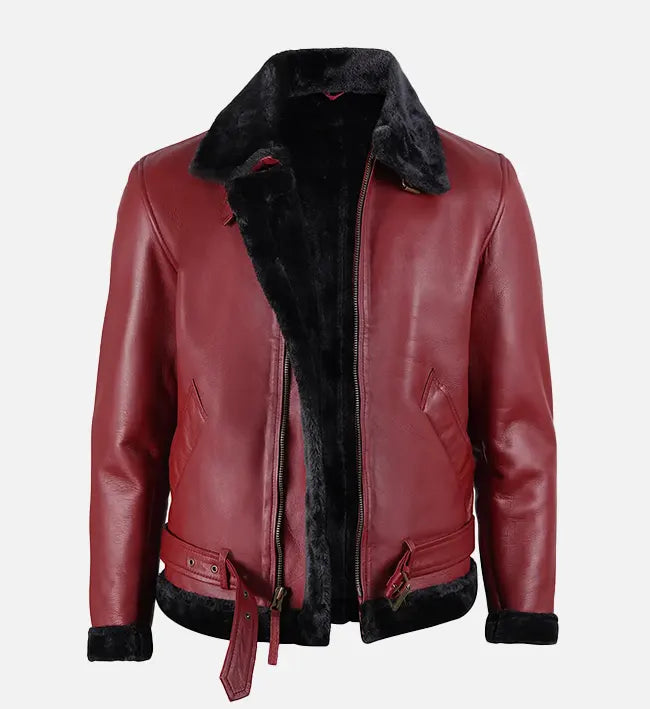 Men's Maroon Leather Shearling Bomber Jacket