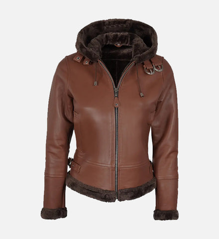 Women's Cognac Brown Leather Hooded Shearling Jacket