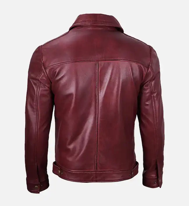 Men's Classic Shirt Collar Maroon Leather Jacket