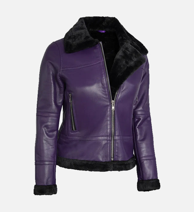 Women's Purple Shearling Leather Bomber Jacket