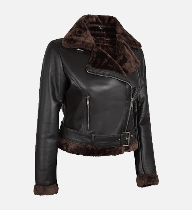 Women's Black and Brown Shearling Leather Jacket