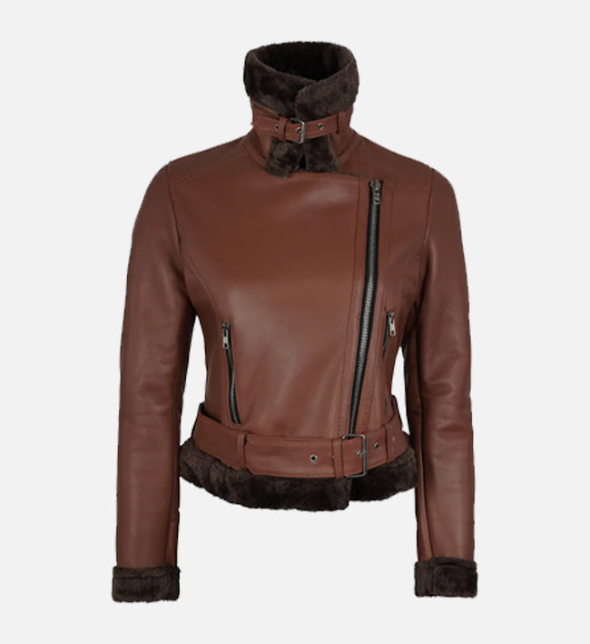 Women's Cognac Biker Shearling Leather Jacket