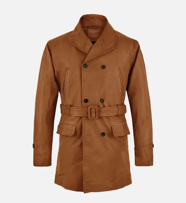 Men's Brown Leather Trench Coat