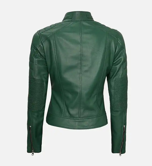 Women's Green Leather Cafe Racer Biker Jacket
