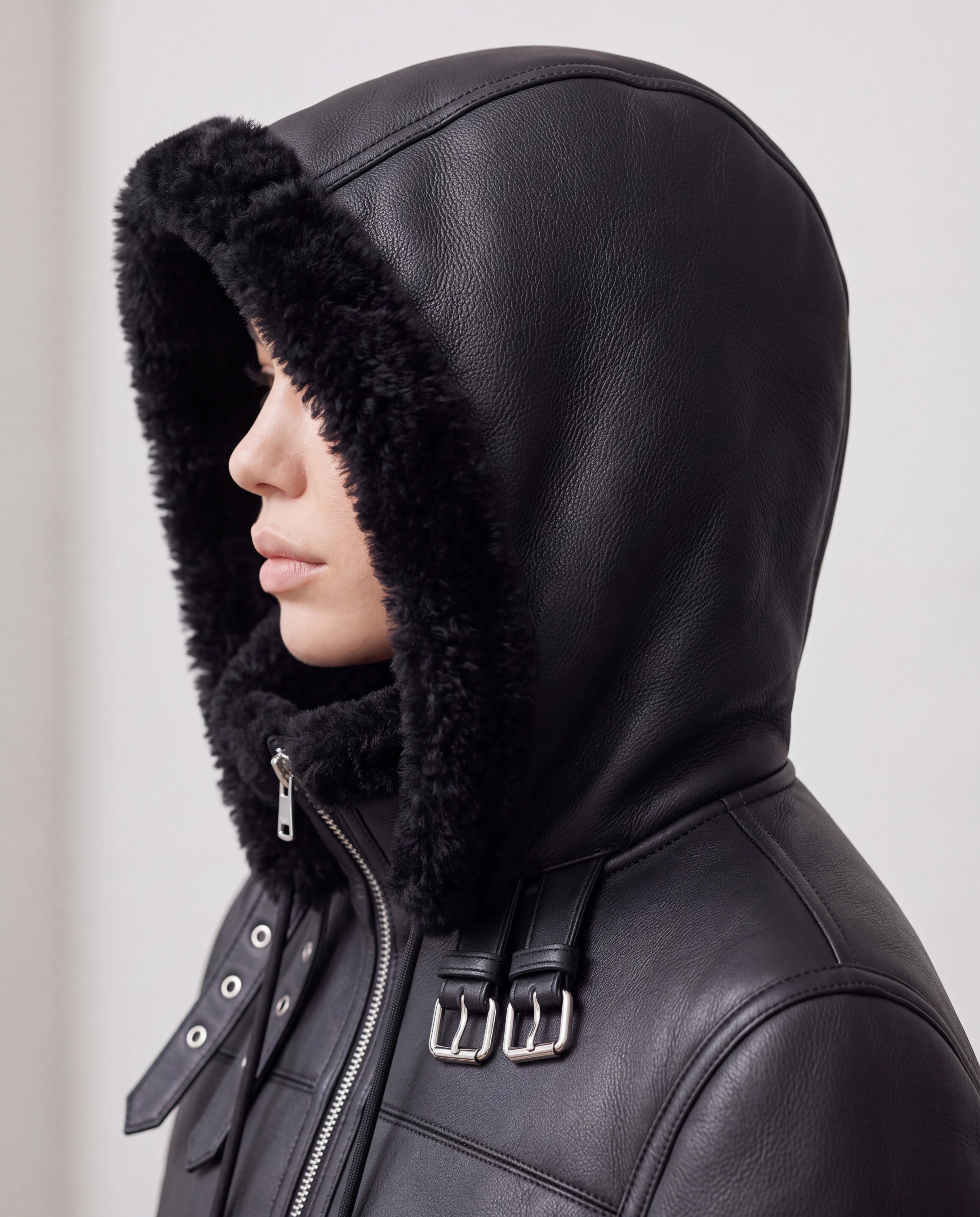 Women Black Leather Hooded Shearling Jacket