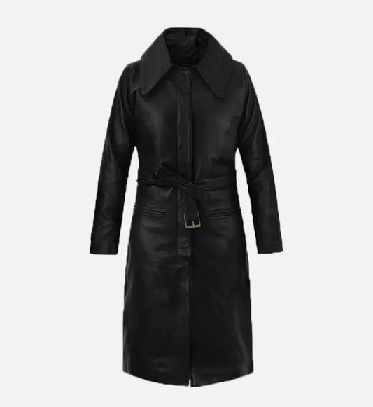 Women's Black Belted Leather Long Coat