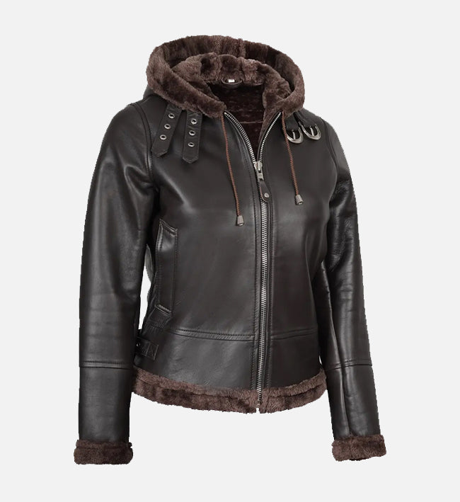 Women's Dark Brown Leather Hooded Shearling Jacket