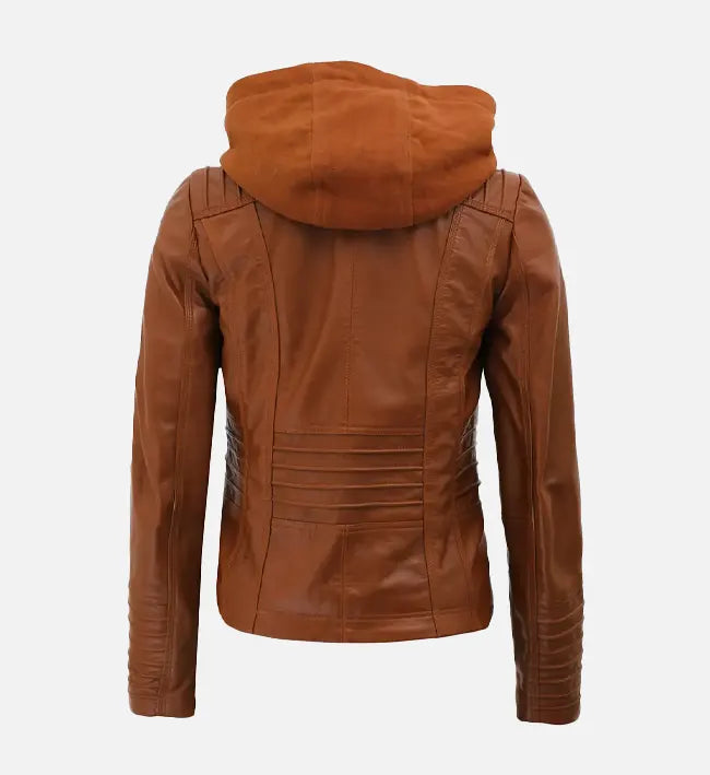 Women's Cognac Slim Fit Leather Jacket With Removable Hood