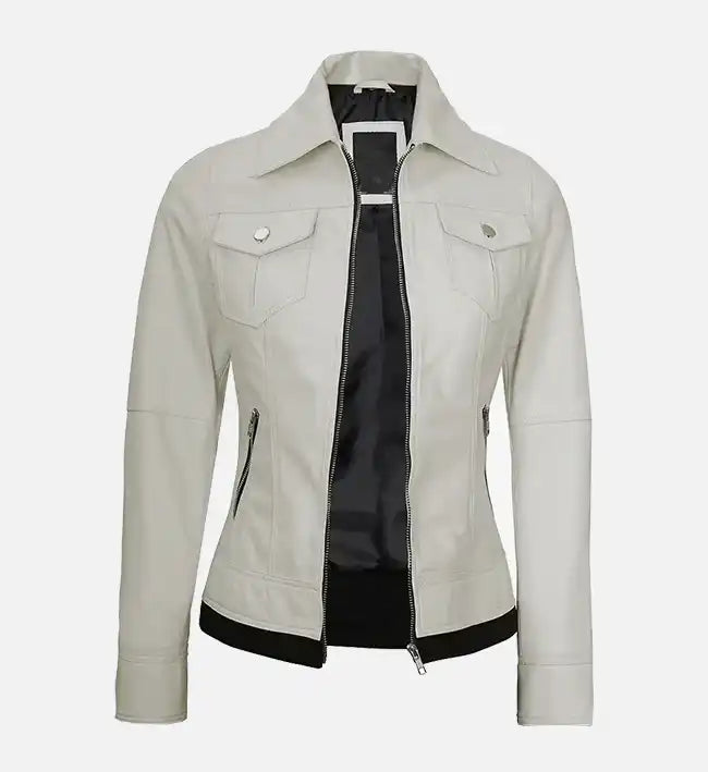 Women's Off White Leather Jacket With Hood