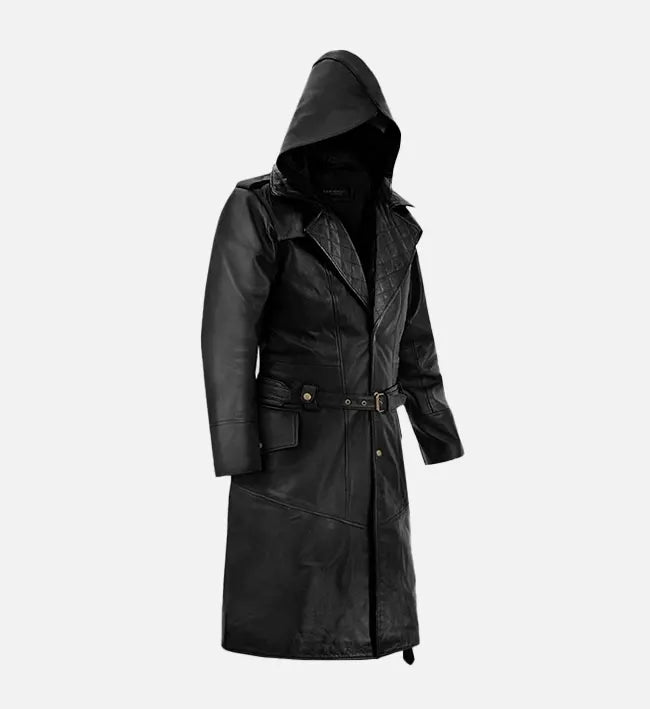 Men's Hooded Black Leather Long Coat