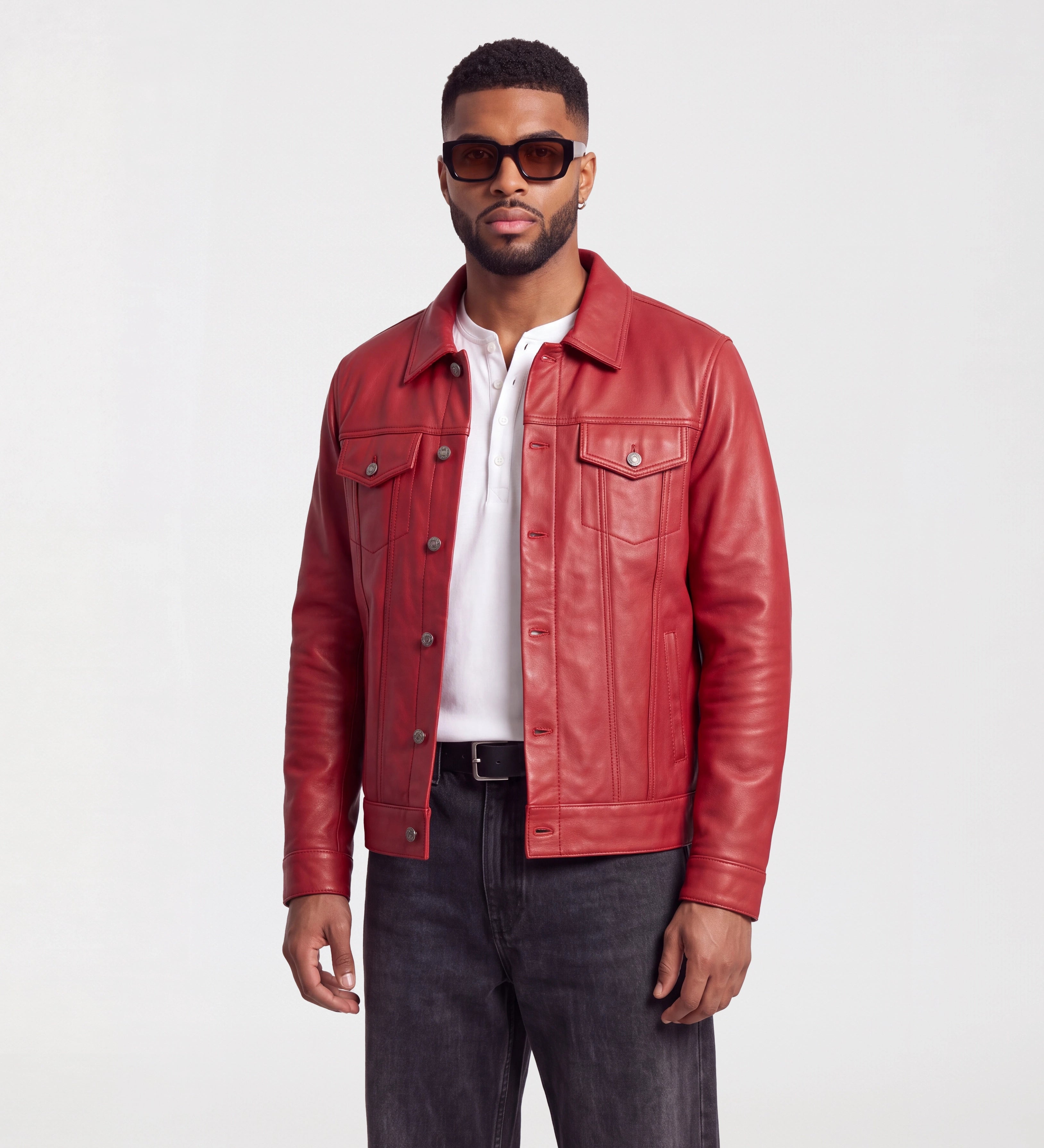 Mens Red Trucker Leather Jacket