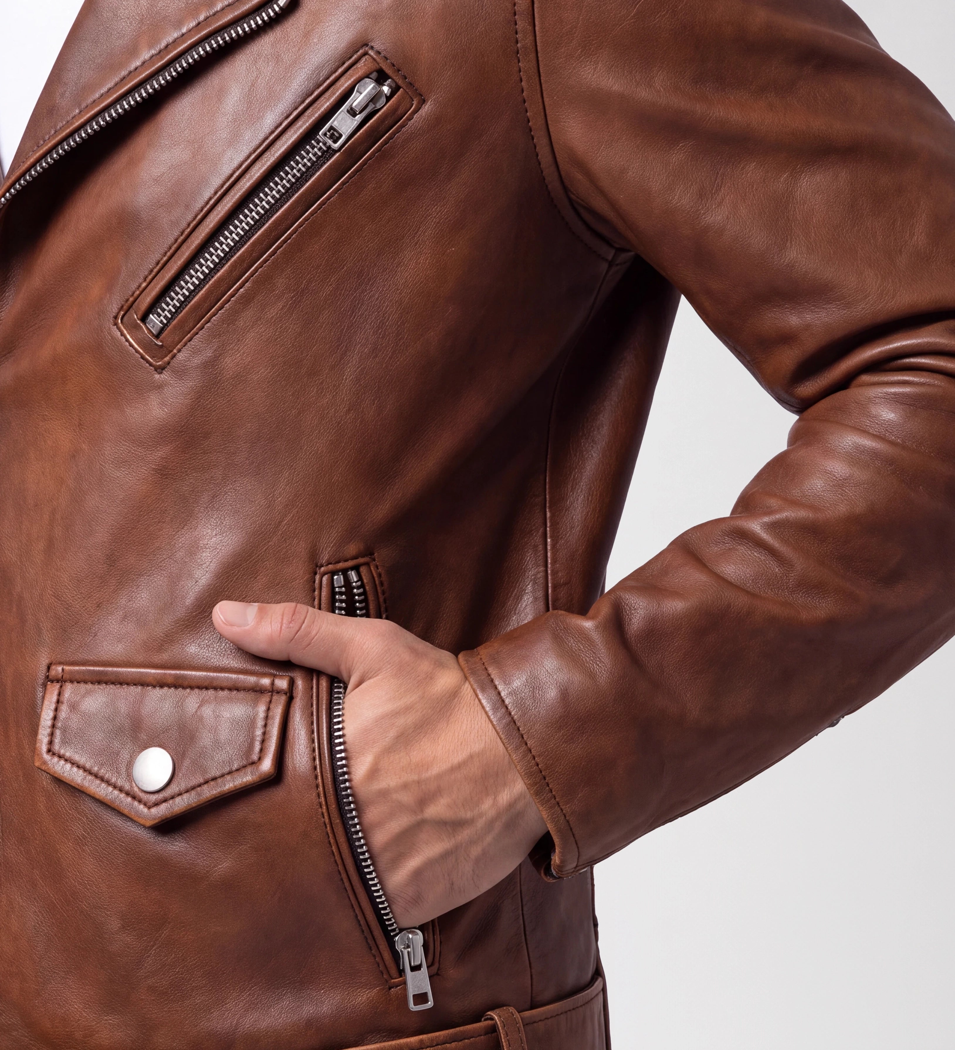 Men Vintage Biker Brown Leather Jacket