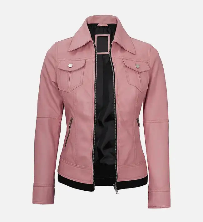 Women's Pink Leather Jacket With Hood